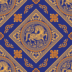 
Seamless pattern happy chinese new year 2026 the horse zodiac sign with asian elements paper cut style on color background. ( Translation : happy new year 2026 year of the horse )