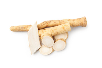Fresh raw horseradish roots isolated on white, top view