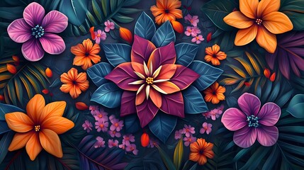 Lush Tropical Floral Arrangement with Vibrant Blooms and Foliage