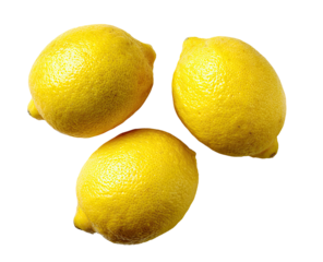 Three bright yellow lemons arranged in a loose triangle against a pure black background.  The lemons display a smooth, slightly textured skin and are in sharp focus