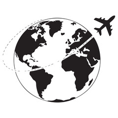 Silhouette of an airplane flying around the globe