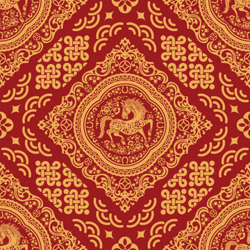 
Seamless pattern happy chinese new year 2026 the horse zodiac sign with asian elements paper cut style on color background. ( Translation : happy new year 2026 year of the horse )