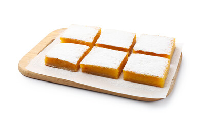 Tasty lemon bars with powdered sugar isolated on white