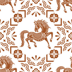 
Seamless pattern happy chinese new year 2026 the horse zodiac sign with asian elements paper cut style on color background. ( Translation : happy new year 2026 year of the horse )