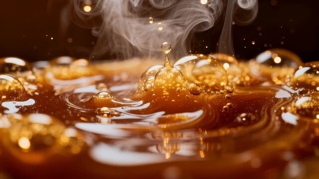 Molten jaggery macro slow motion bubbling with steam, heat distortion, and viscous caramel movement