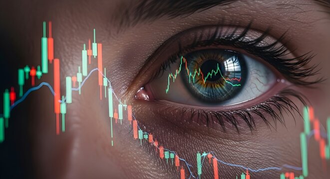 Woman eye with stock market graph