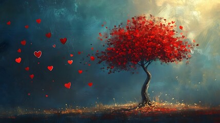 Mystical Red Heart Shaped Tree in Ethereal Autumn Landscape with Floating Hearts