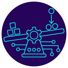 AI Data Balancing icon. Vector thin line illustration on a round dark blue background. Intelligent mechanism (gear) of evaluating and re-weighting heterogeneous data classes (cubes vs. circles)
