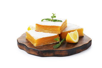 Tasty lemon bars with powdered sugar and mint isolated on white