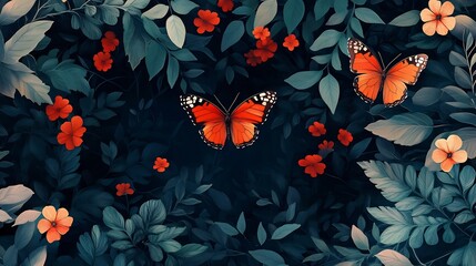 Vibrant Tropical Floral Backdrop with Colorful Butterflies