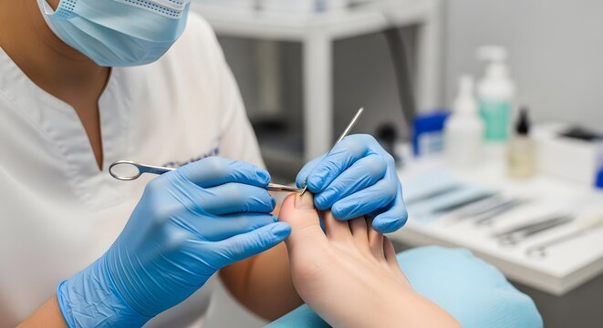 Professional podiatrist performing foot care procedure in modern clinic setting