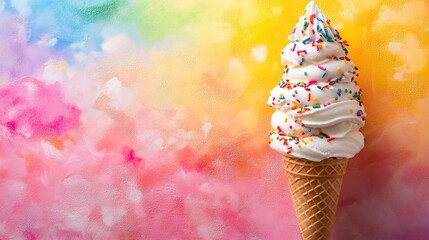 Vibrant Swirled Ice Cream Cone with Sprinkle Toppings on Colorful Backdrop