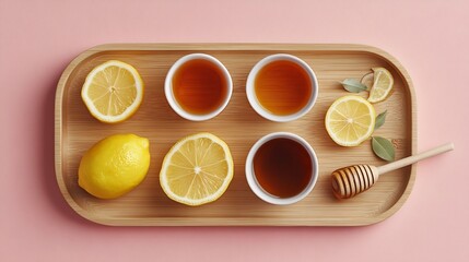 Wooden Tray with Lemon Honey and Herbal Tea on Pink Background
