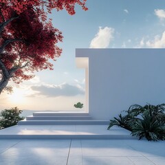 Minimalist White Concrete Stairs and Tropical Foliage Backdrop at Sunset