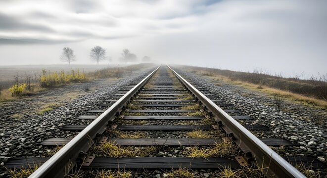 Railway tracks leading into the misty horizon
