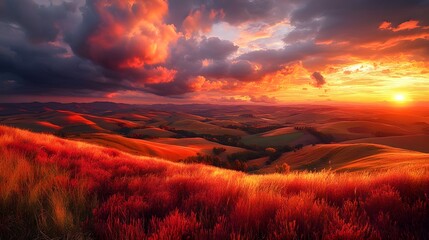 Vibrant Autumn Sunset Over Dramatic Mountainous Landscape