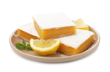 Tasty lemon bars with powdered sugar and mint isolated on white