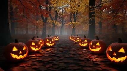 A spooky forest pathway illuminated by glowing jack-o'-lanterns during autumn evening with colorful fall foliage and misty atmosphere - Powered by Adobe