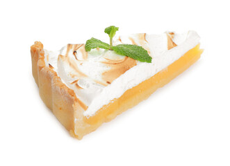 Slice of tasty lemon meringue tart with mint isolated on white