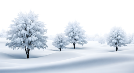 Frosted trees on snow covered hills with isolated on a transparent background winter landscape