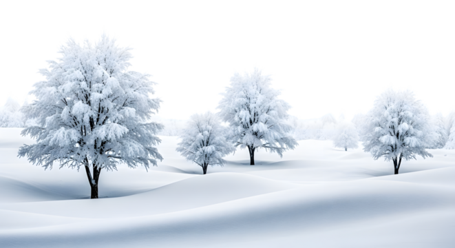 Frosted trees on snow covered hills with isolated on a transparent background winter landscape