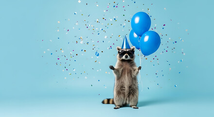 Festive Raccoon Celebration Balloons and Confetti Joyfully in Party Hat