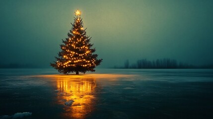 Glowing Christmas Tree Reflecting in Frozen Lake on Snowy Winter Night