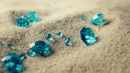 photo of turquoise crystals scattered on the sea sand, can be used as poster or banner