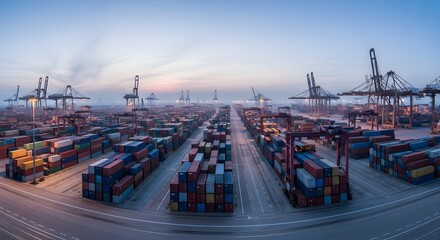 Shipping containers at industrial cargo port at dusk 