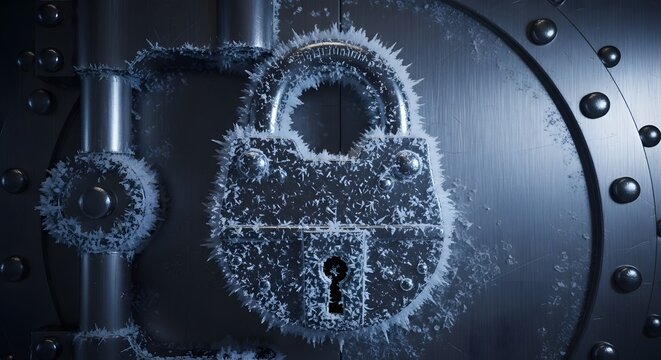 Frozen padlock security concept on a metal door