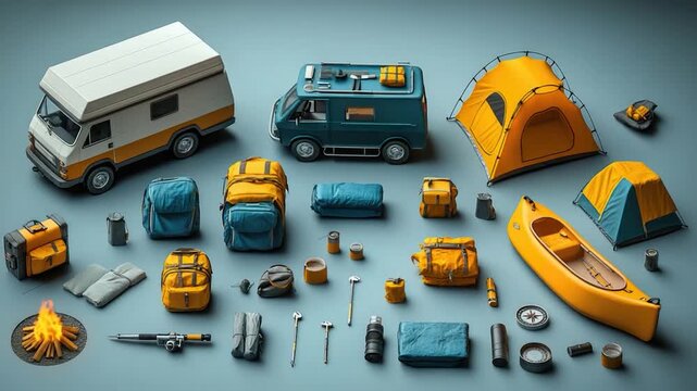 A group of items including a camper and a van, perfect for outdoor adventures