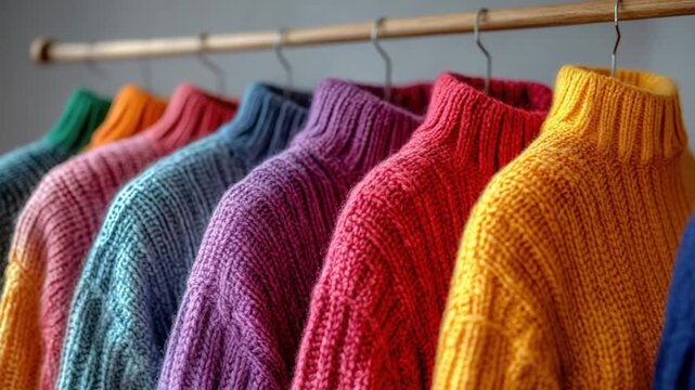 A row of brightly colored sweaters hanging on a rack, perfect for fashion or lifestyle 