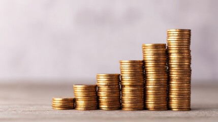 Visualizing financial growth golden coins arranged in graph shape on white background