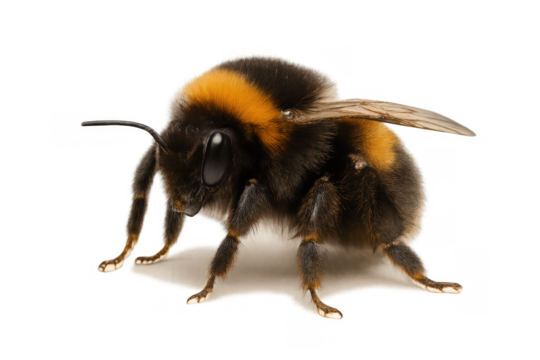 Bumblebee insect on transparent background, close-up view of fuzzy body and delicate wings