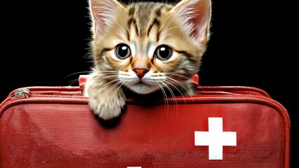 Cute kitten peeking from a red bag with a white cross in a playful and charming setting