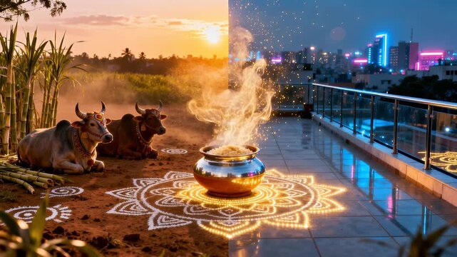 Pongal Split Screen Scene Showing Rural Bullocks, Clay Pot Cooking and Urban Rooftop Metallic Pot, LED Kolam, Digital Steam, HDR Lighting and Seamless Transition Effects