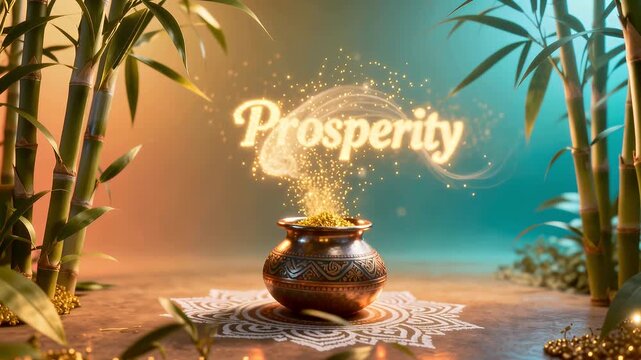 Pongal Pot 3D Animation With Overflowing Golden Particles Forming &ldquo;Prosperity&rdquo; and Looping Sugarcane Leaves and Kolam Patterns
