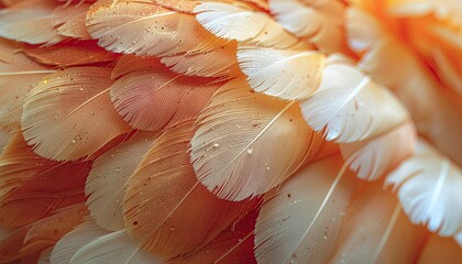 Close up macro detail of soft tan and white bird feathers with intricate patterns and warm golden backlight creating a gentle and delicate texture