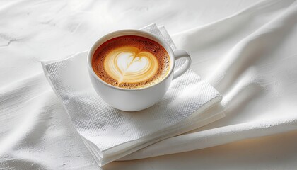 Frothy Coffee With Heart Shaped Latte Art In A White Cup On A Sequined Napkin With White Fabric Background