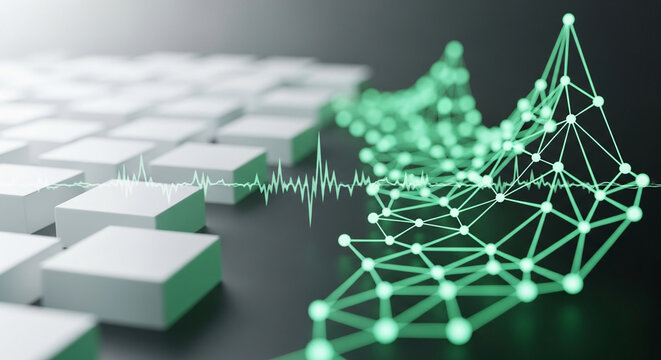 Image of white cube arrangement with connected neon-green spherical nodes, representing connection, network, or data visualization concept - Powered by Adobe