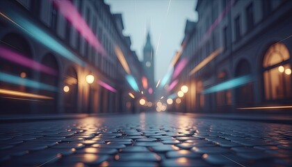 Blurry Abstract Light Streaks Over Cobblestone Street in European City at Dusk with Tall Building Silhouette in Distance