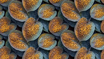 Close up macro texture of sparkling golden and green heart shaped leaves covered in glitter and dew drops in a seamless pattern