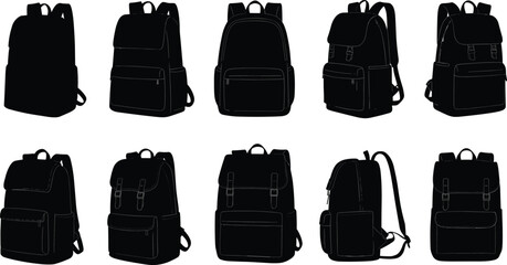 Backpack silhouette vector set, black school bag icons collection, travel rucksack illustration isolated on white background, hiking camping luggage equipment symbols design. © Farzana