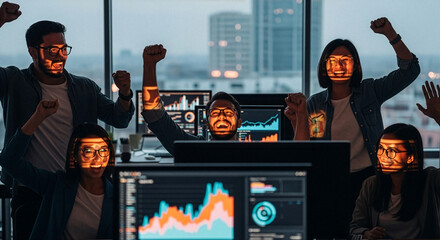 Excited business team celebrate success in office environment