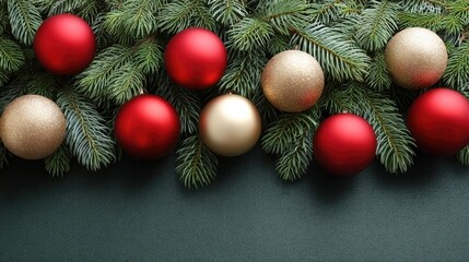 Decorative red and gold ornaments rest among fresh evergreen branches, creating a joyful atmosphere for the holiday celebrations