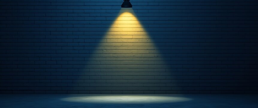 Spotlight on brick wall background with light beam focus showing dark blue empty space architecture illuminating object presentation design display and advertising backdrop