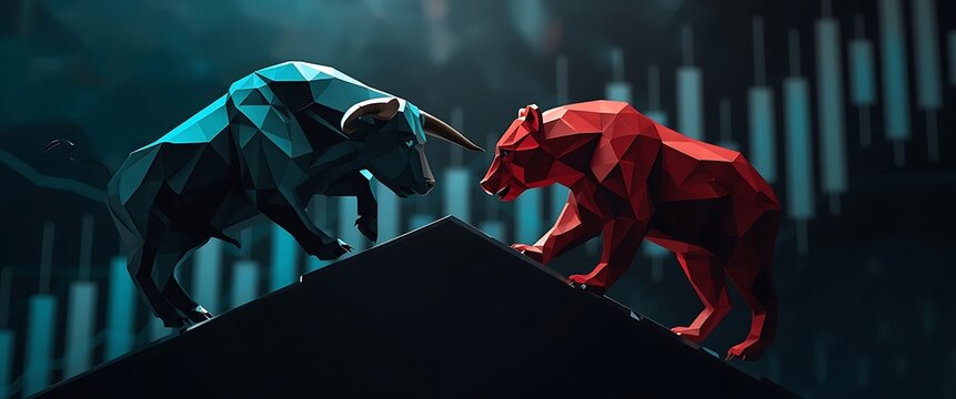 Polygonal bull and bear face off symbol of stock market trends Financial concept with upward graphs in background representing investment analysis and volatility