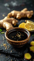 Close-Up Composition of Soy Sauce and Ingredients on a Black Textured Surface
