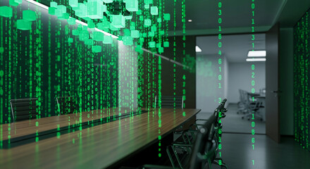 Interior with a conference table, chair and binary code, creating a digital and technological aesthetic, representative of innovation and cybersecurity