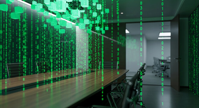 Interior with a conference table, chair and binary code, creating a digital and technological aesthetic, representative of innovation and cybersecurity - Powered by Adobe